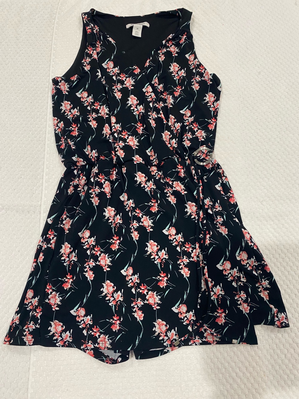 White House Black Market Black A-Line Romper with Pink Floral Print